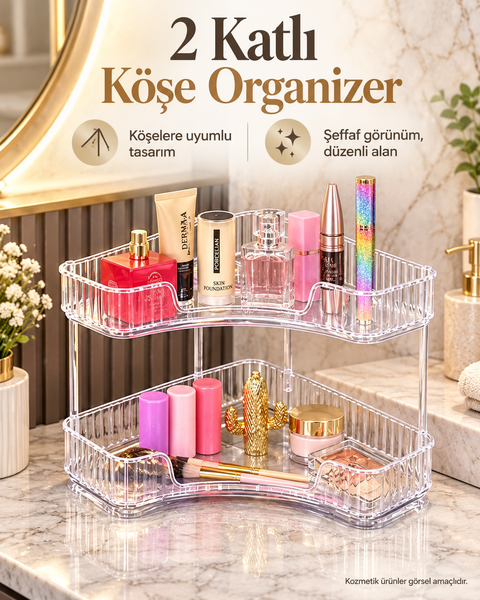 2 Katlı Köşe Makyaj Organizer Kozmetik Düzenleyici Masaüstü Banyo Mutfak Düzenleyici Organizer Raf