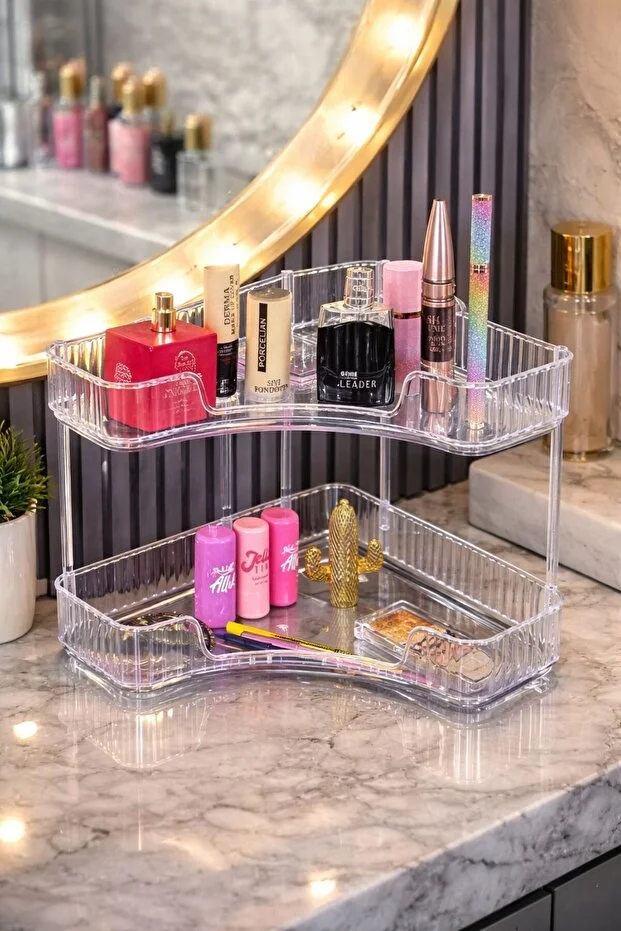 2 Katlı Köşe Makyaj Organizer Kozmetik Düzenleyici Masaüstü Banyo Mutfak Düzenleyici Organizer Raf