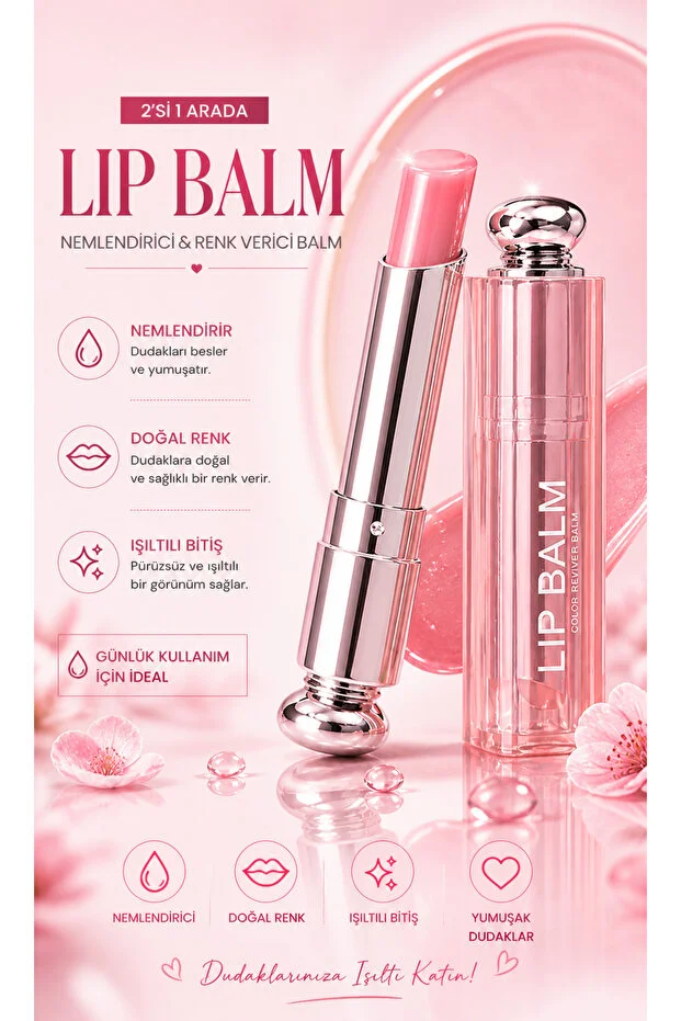 2İN1 Yoğun Nemlendirici Suya Dayanıklı Renk Verici Lip Balm/Dudak Nemlendirici