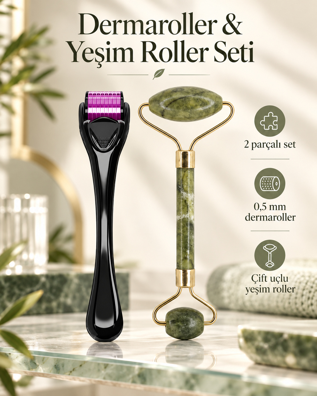 2'li Bakım Seti Dermaroller 0,5 mm ve Yeşim Roller Bakım Seti