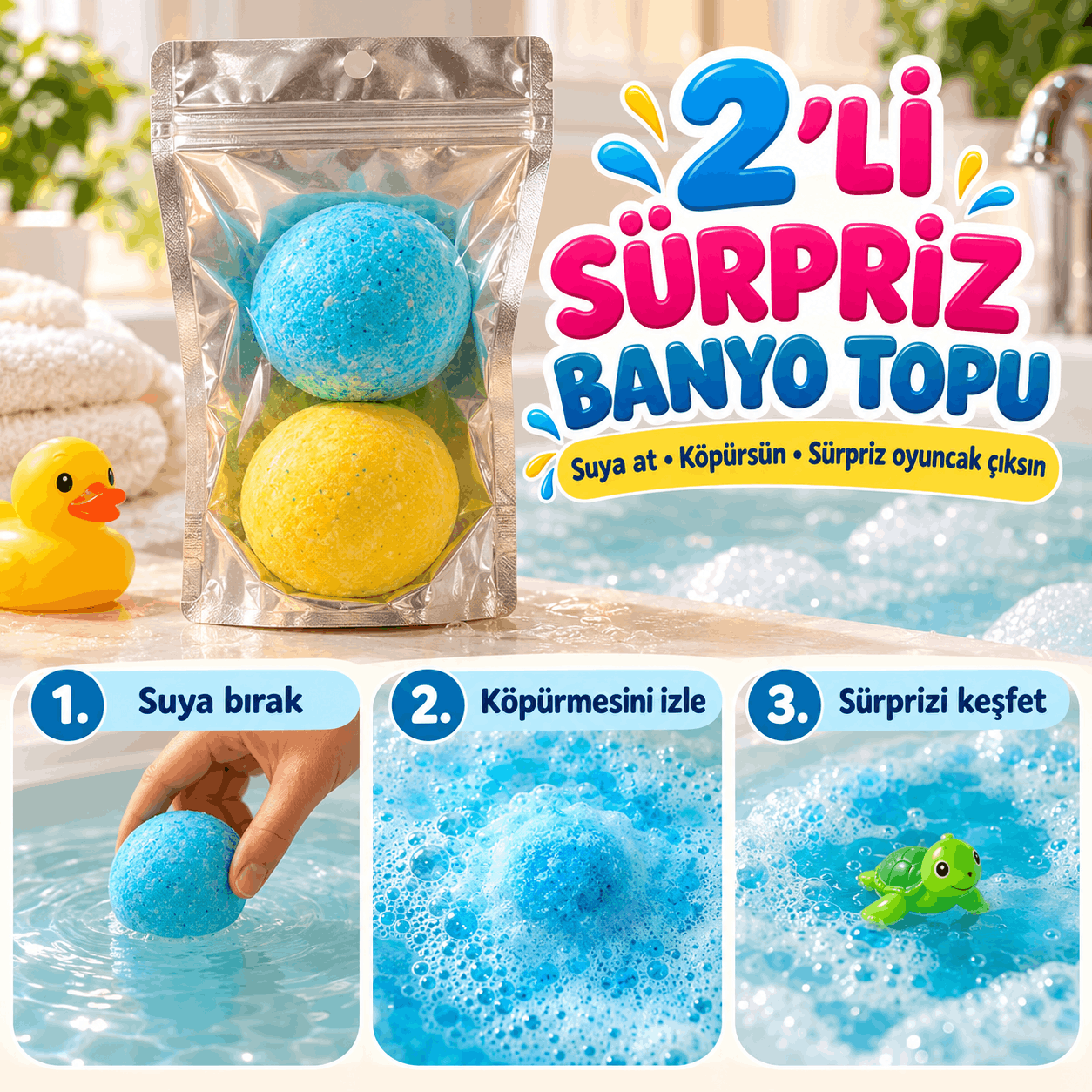 2’li Sürpriz Oyuncaklı Köpüren Banyo Topu
