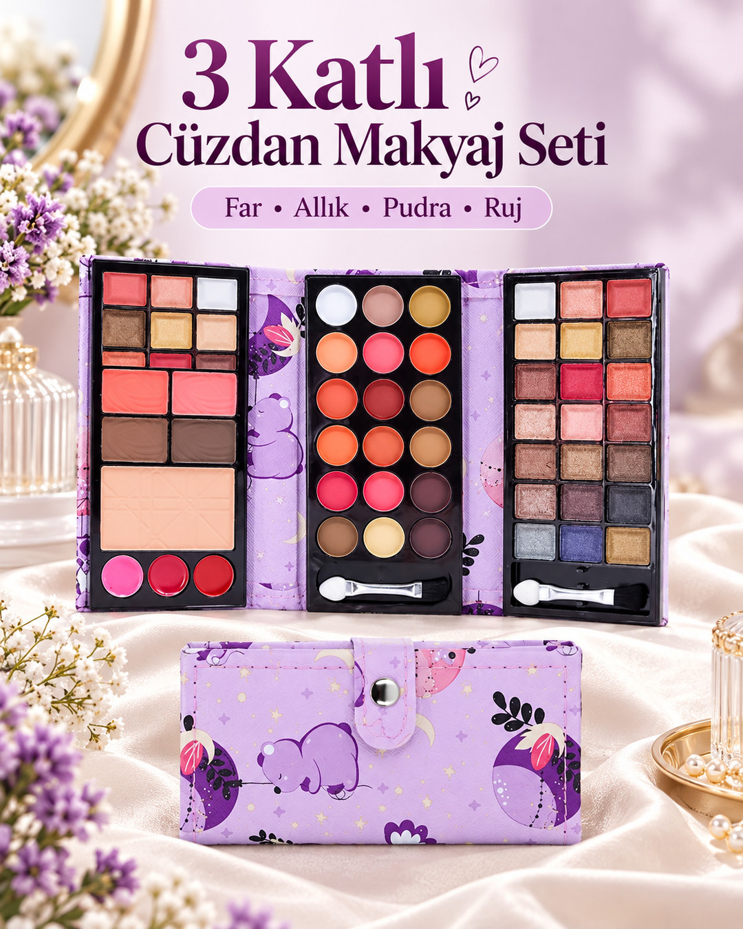 3 Katlı Cüzdan Far - Allık - Pudra Seti Desenli