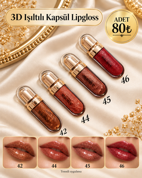 3D Işıltılı Kapsül Lipgloss (Altın Kapaklı Seri)