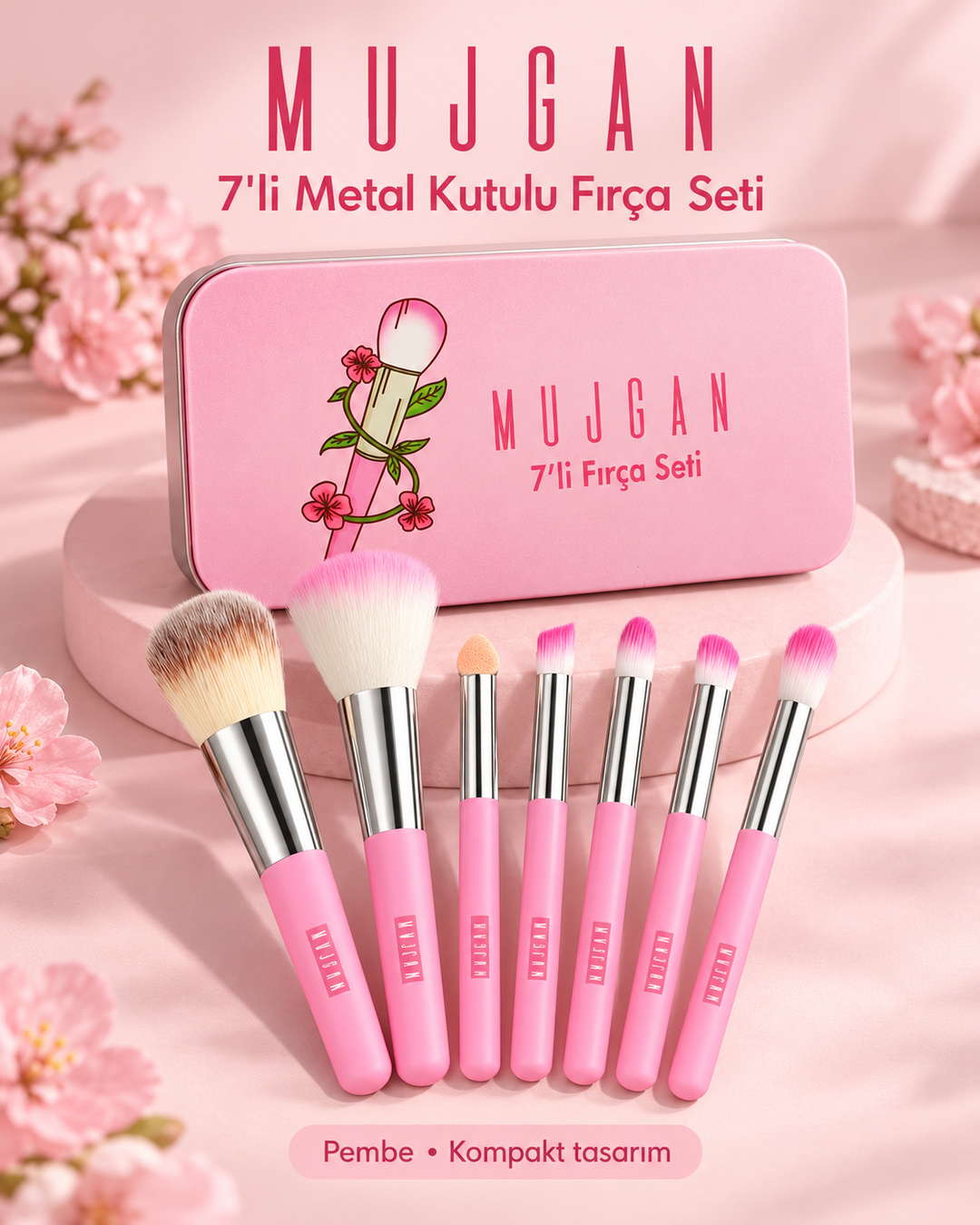 7'li Fırça Seti Metal Kutulu Pembe