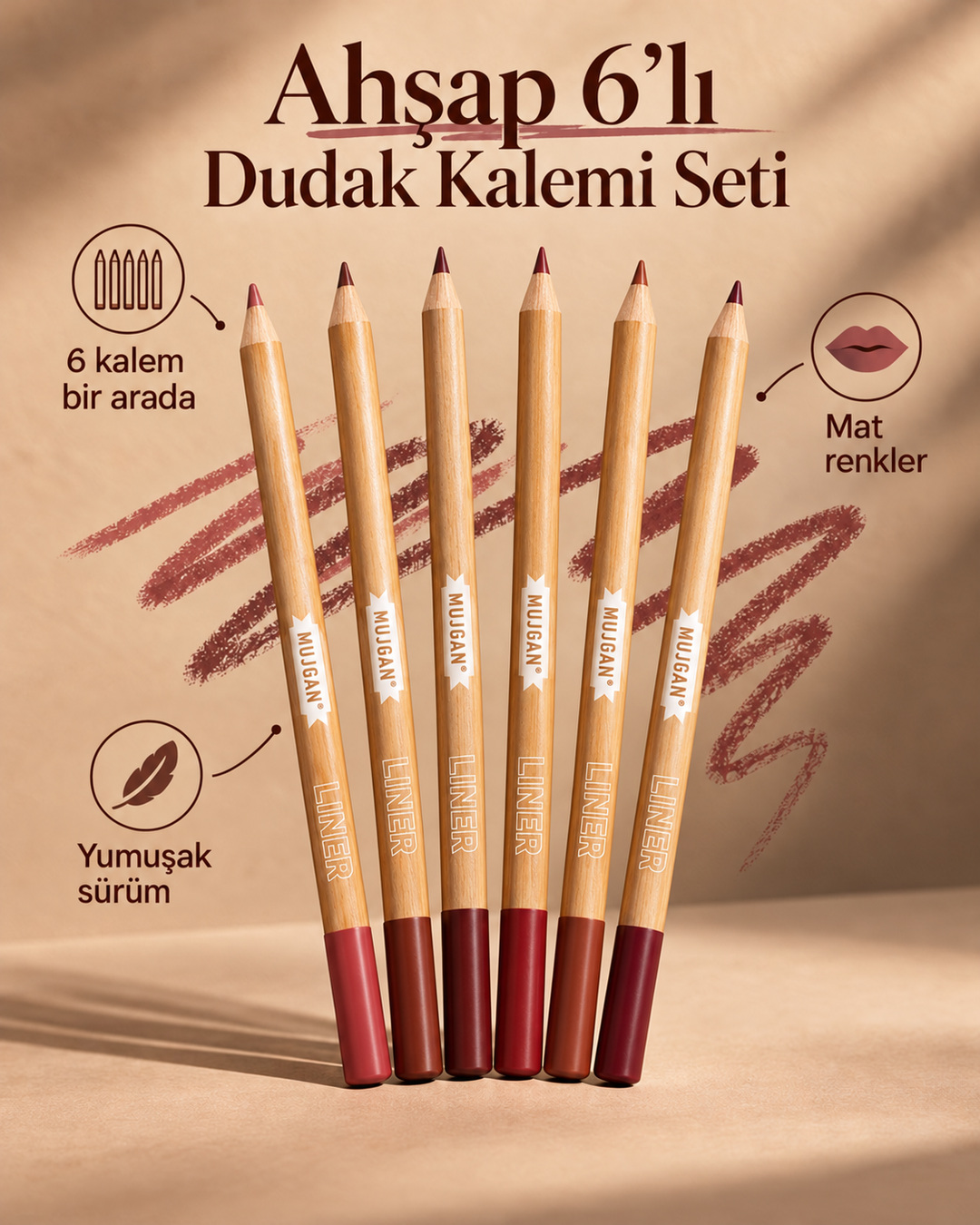 Ahşap 6'lı Dudak Kalemi Seti