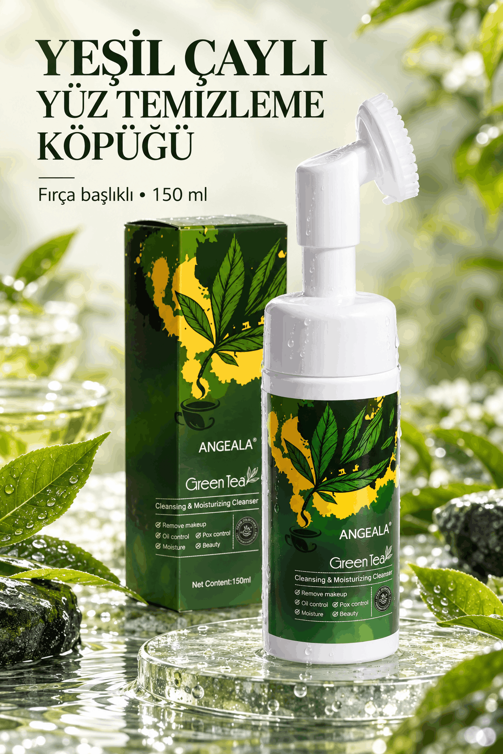 Angeala Yeşil Çaylı Fırça Başlıklı Yüz Temizleme Köpüğü 150 ml