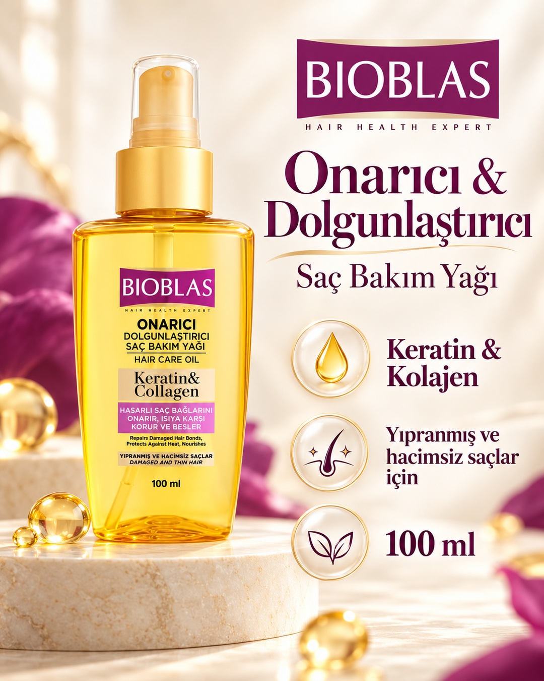 Bioblas Onarıcı & Dolgunlaştırıcı Saç Bakım Yağı 100 ml