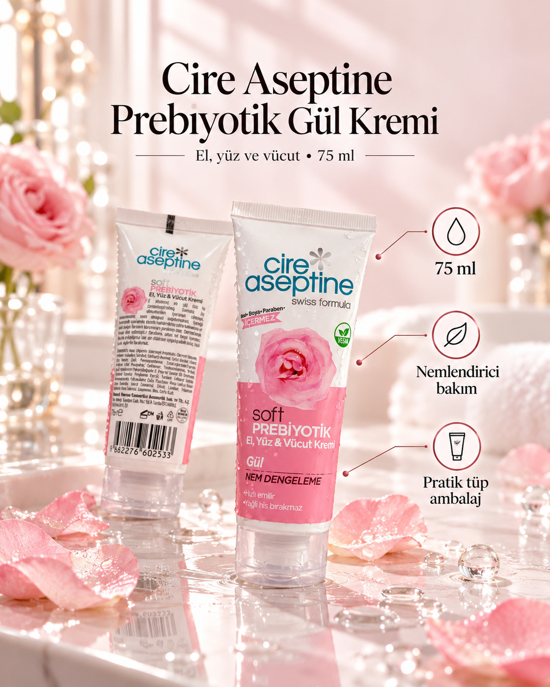 Cire Aseptine Soft Gül Özlü Nem Dengeleyici ve Besleyici Prebiyotikli Krem 75 ml