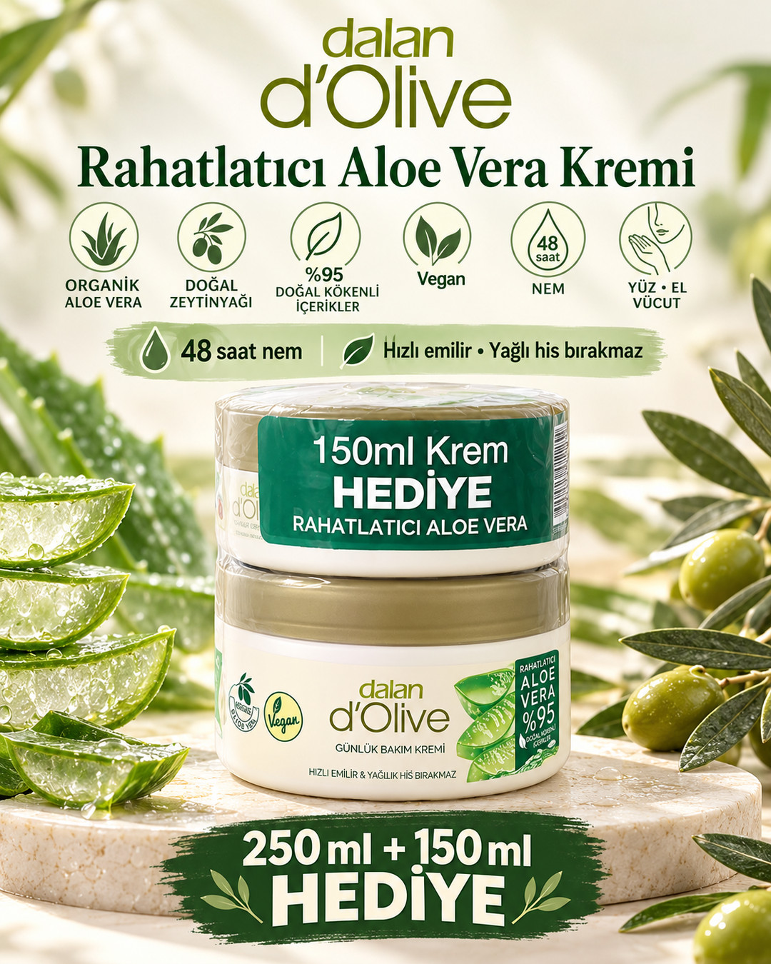 Dalan D'Olive Günlük Bakım Rahatlatıcı Aloe Vera Kremi 250 ml + 150 ml Hediye