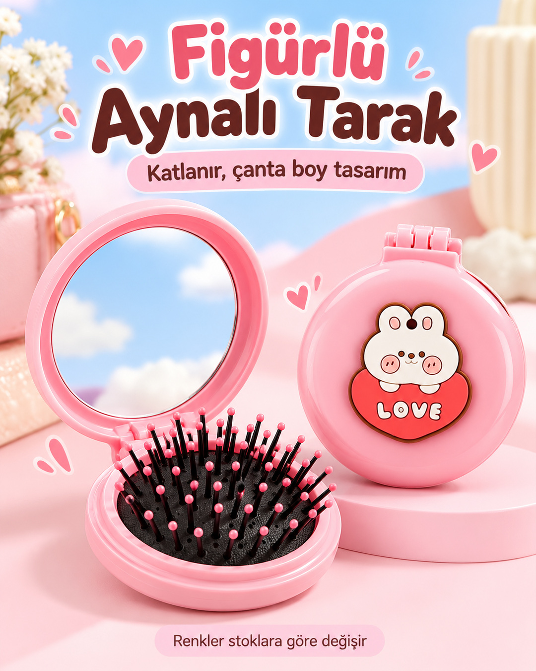 Figürlü Katlanır Katlanılabilir Taraklı Ayna Çanta Boy Tarak Ayna