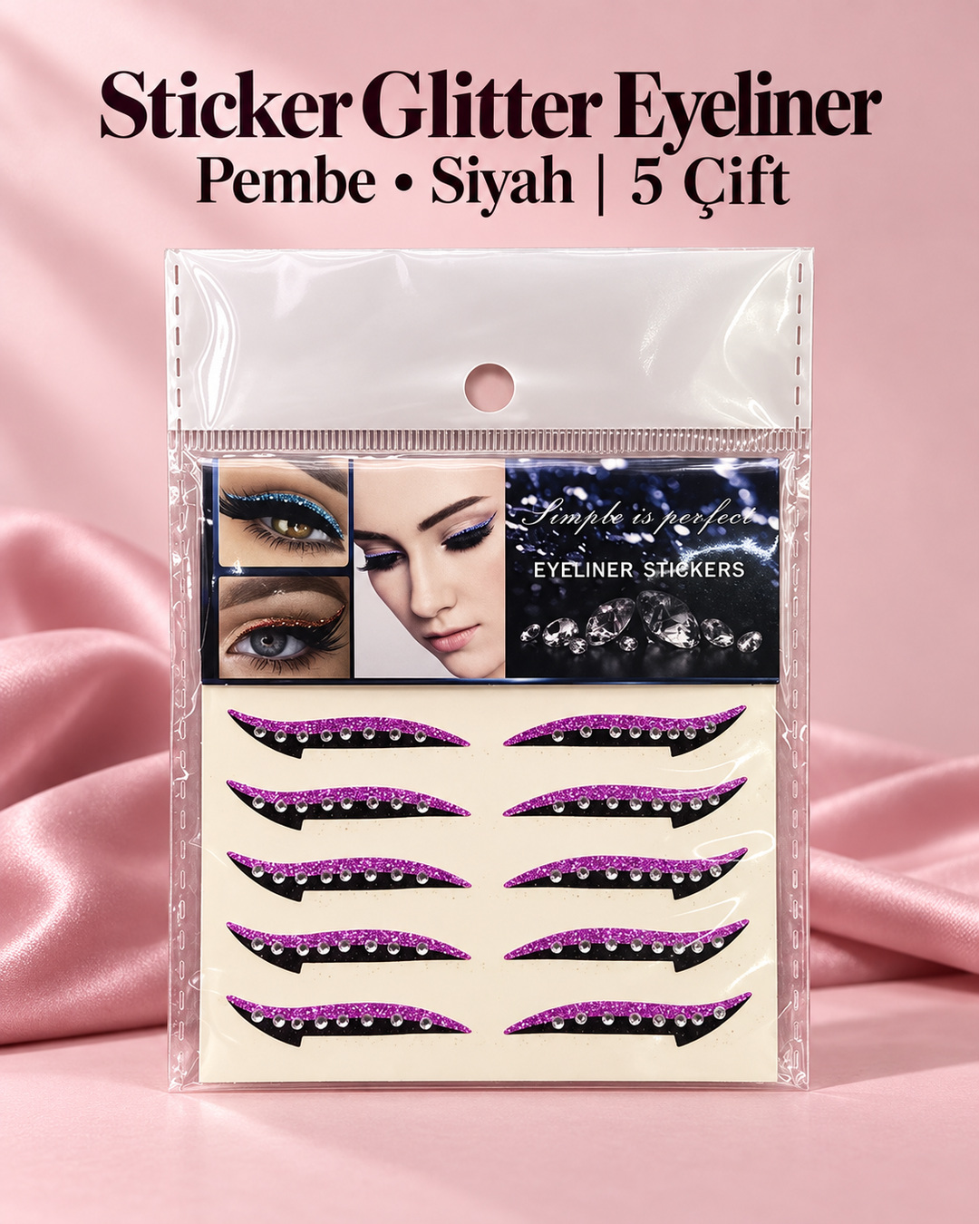 Kendinden Yapışkanlı Sticker Glitter Eyeliner 5 Çift Pembe Siyah Taşlı