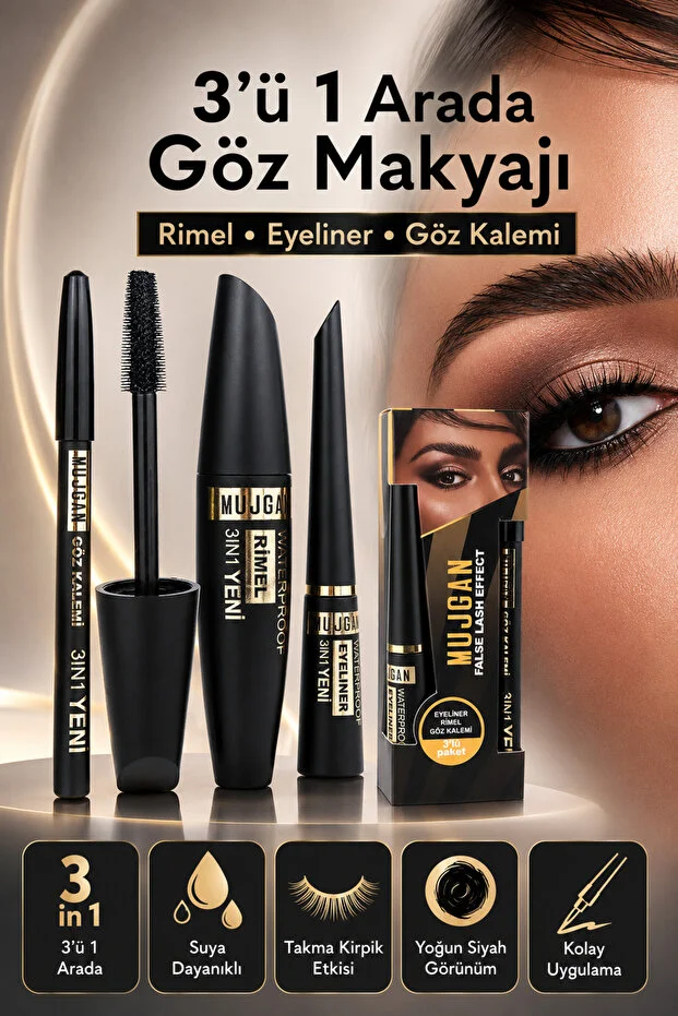 MUJGAN 3 In 1 Suya Dayanıklı Maskara & Kalem & Eyeliner Seti