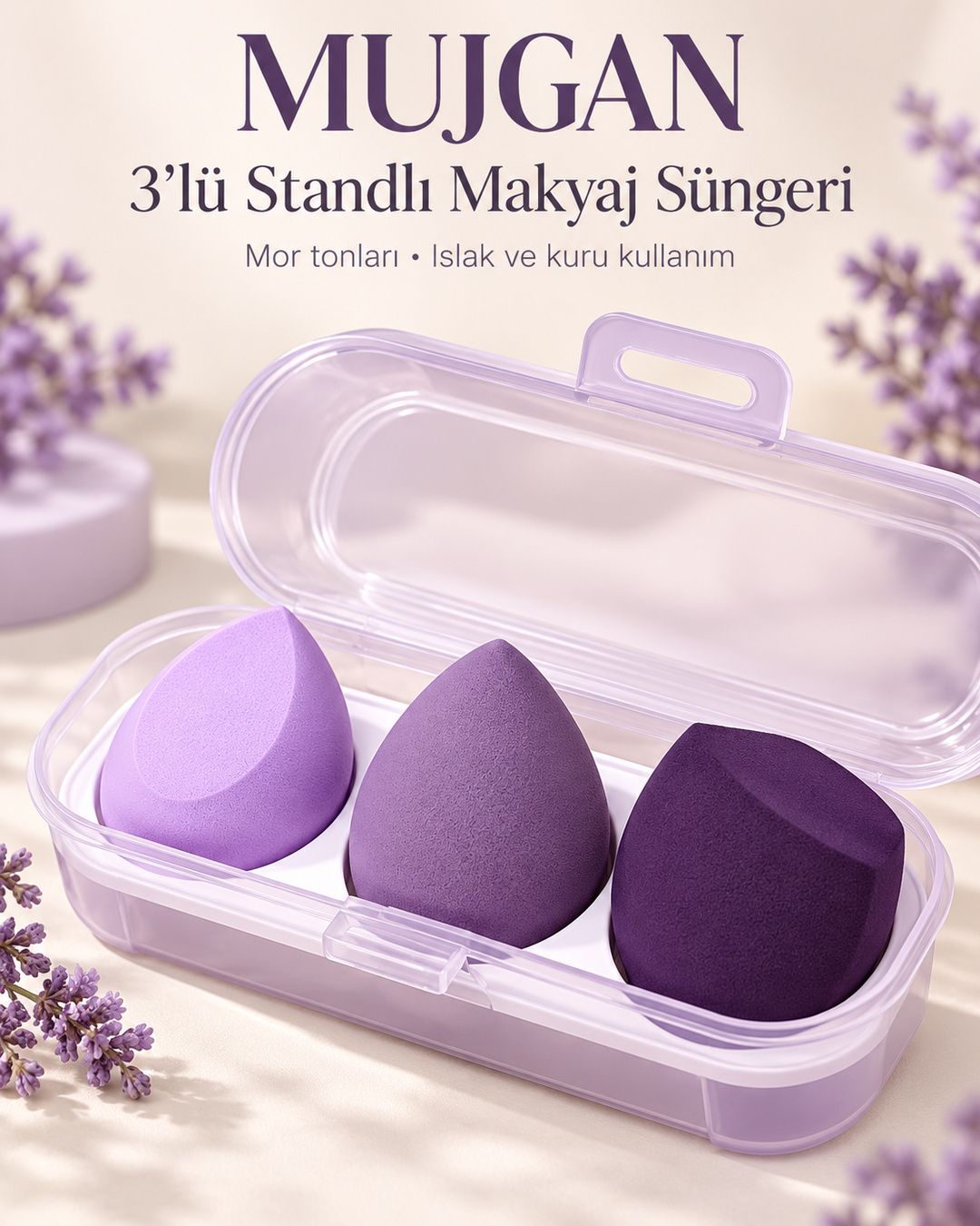 MUJGAN 3'lü Standlı Makyaj Süngeri Seti Mor