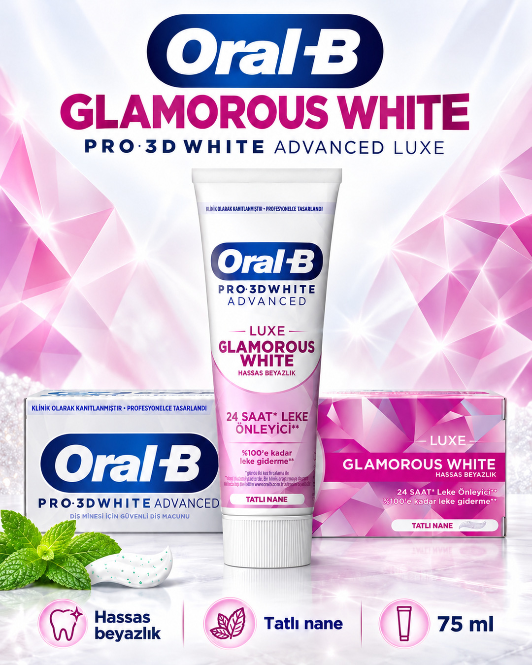 Oral-B Pro 3D White Advanced Luxe Glamorous White Diş Macunu – 75 ml
