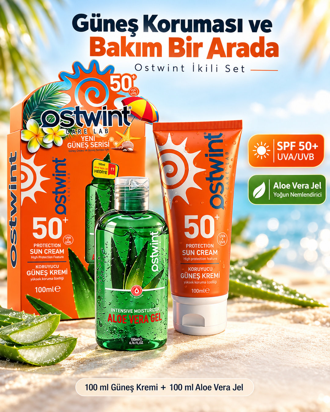 Ostwint Spf 50+ Güneş Kremi 100 ml E Vitaminli + Aloe Vera Jel 100 ml