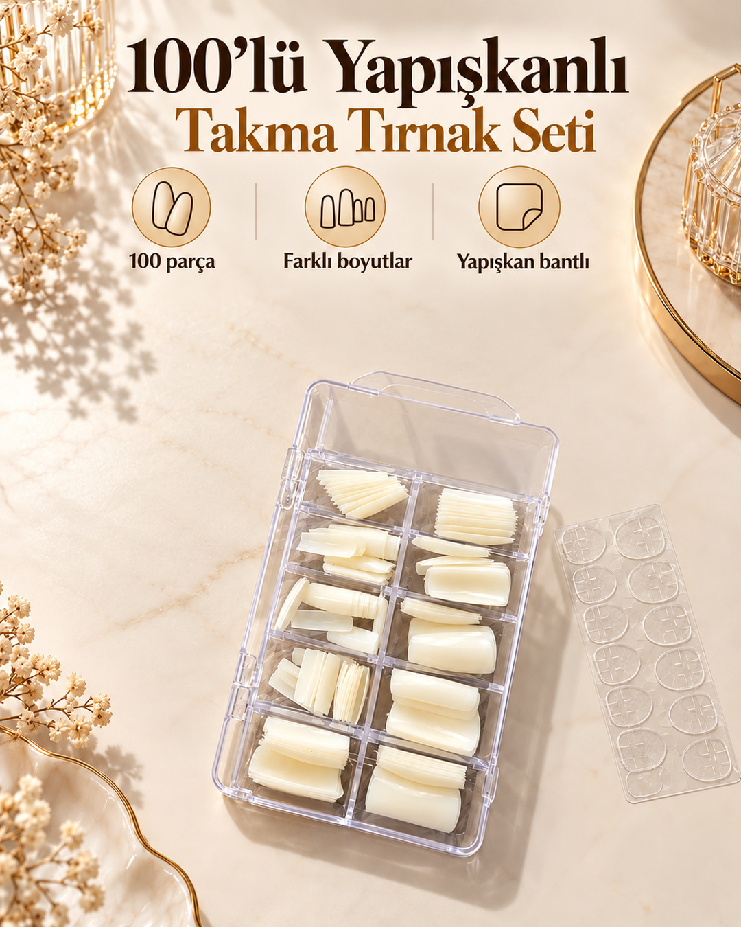  Özel Saklama Kutulu 100 lü Beyaz Takma Tırnak Seti
