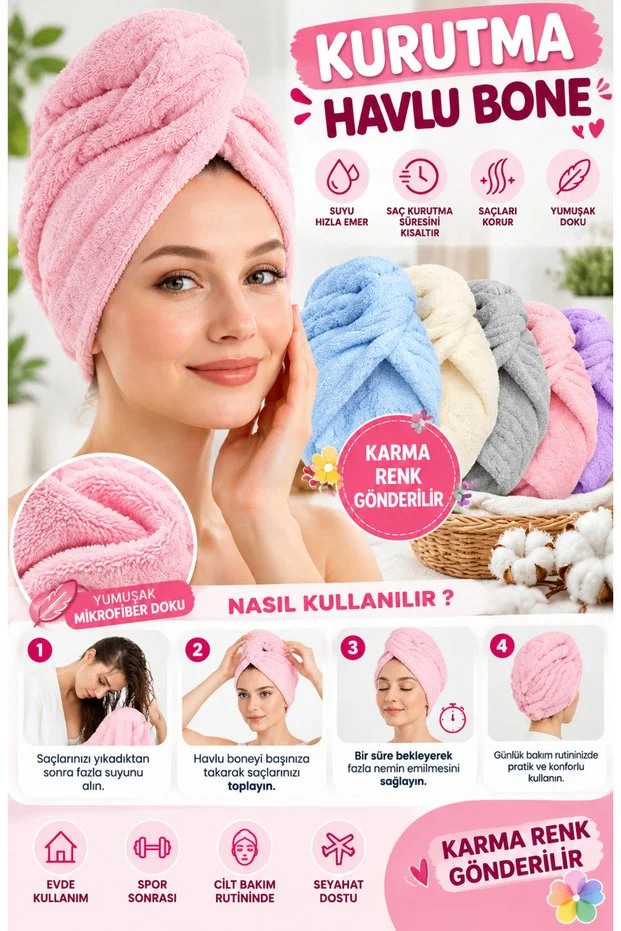 Peluş Uzun Mikrofiber Saç Kurutma Havlu Bone