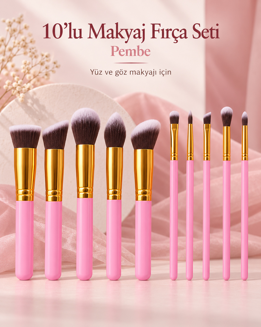 Pembe Renk Makyaj Fırça Seti 10'lu