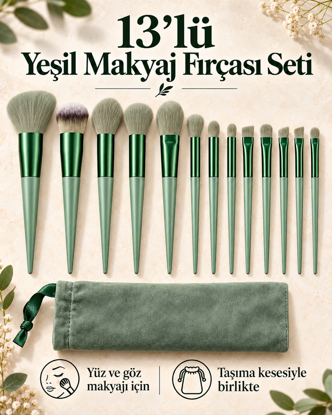 Profesyonel 13 Adet Yeşil Makyaj Fırçası Seti Göz Farı Allık Bayanlara Özel Makyaj Güzellik Seti Pro