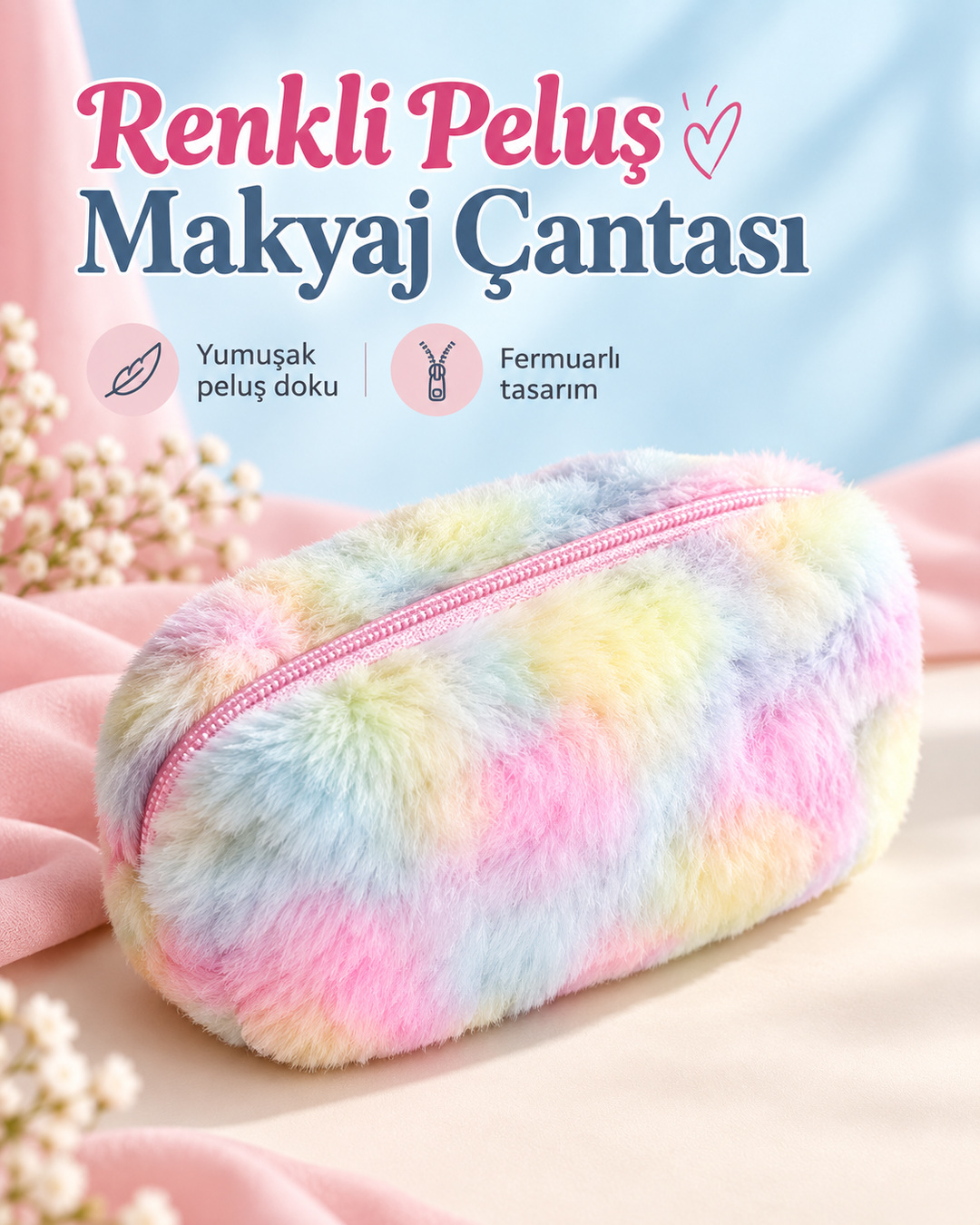 Renkli Peluş Makyaj Çantası