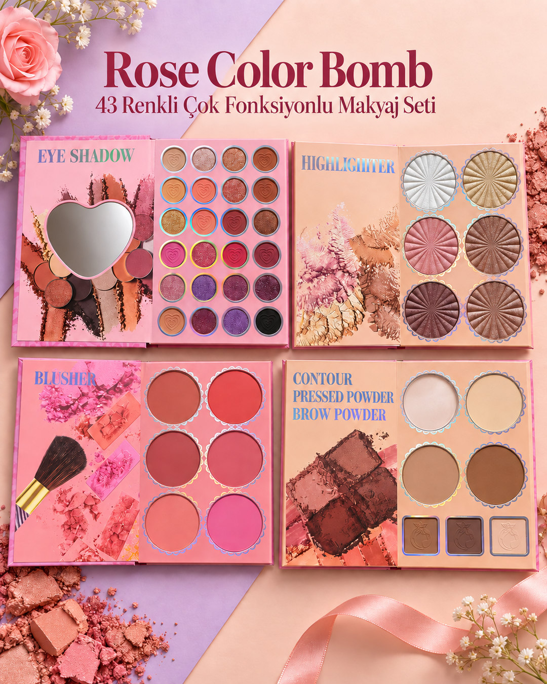 Rose Color Bomb 43 Renkli Çok Fonksiyonlu Defter Model Makyaj Seti