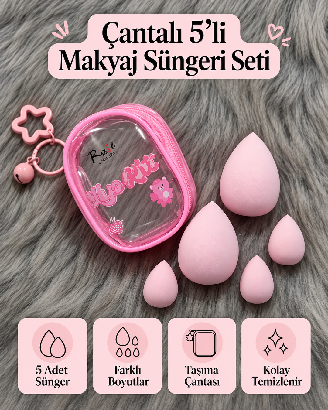 Rose Özel Çantalı 5'li Makyaj Sünger Seti