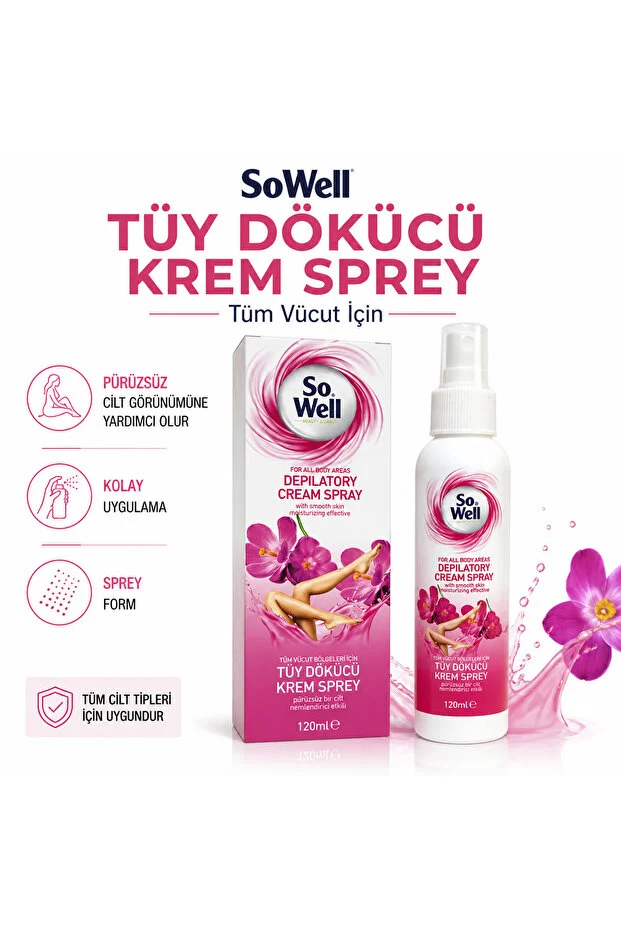 Sowell Kadın Tüy Dökücü Krem Sprey 120 ml – Tüm Vücut Bölgeleri İçin Pürüzsüz Cilt Etkisi