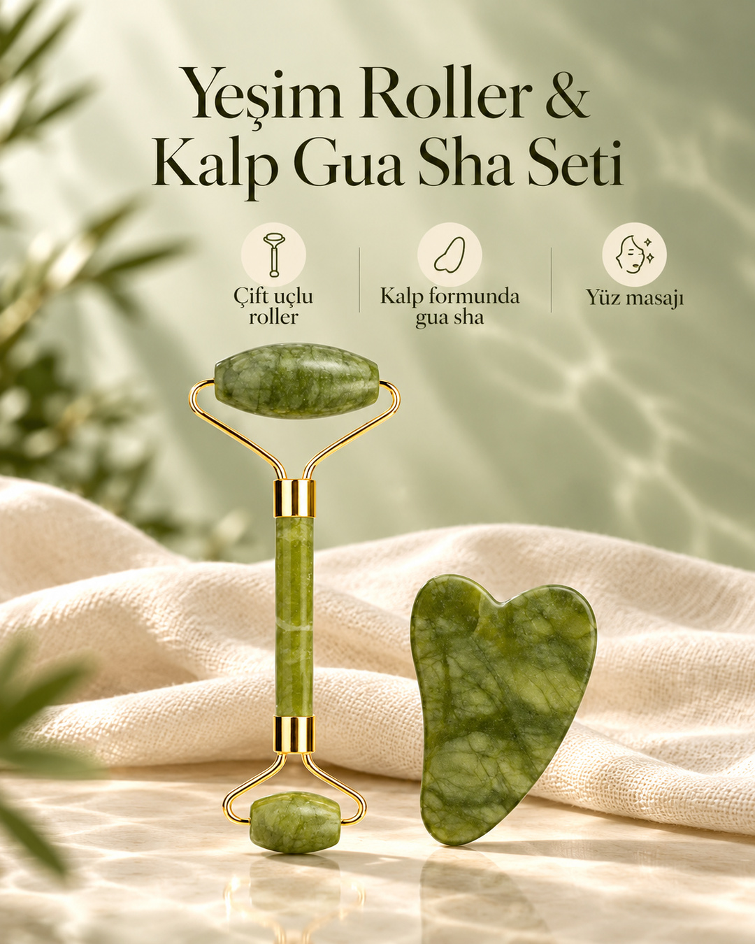 Yeşim %100 Doğal Taş Masaj Aleti Ve Kalp Gua Sha Yüz Bakım 